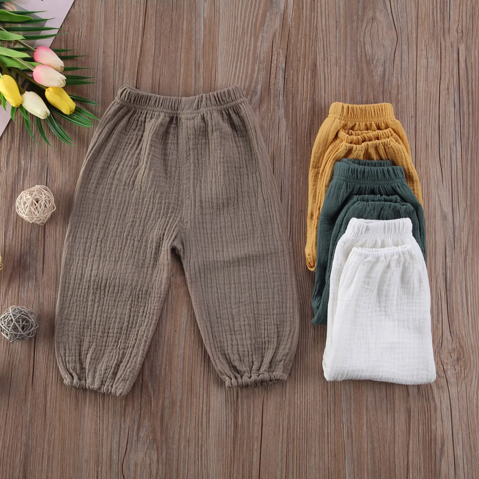Toddler Boy Girl Long Pants Loose Harem Wrinkled Cotton and Linen Trousers Simple Bloomers