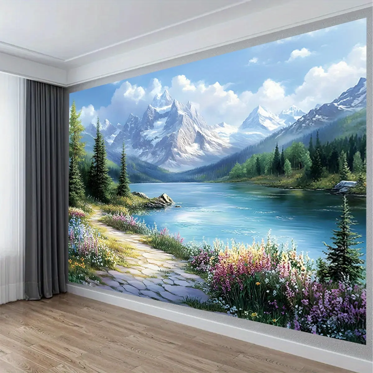 Mountain Ocean Landscape Backdrop, Scenic Nature Banner Featuring Mountains, Trees, Flowers And Sea Views, Perfect For Family Gatherings, Birthday Parties, Weddings, Outdoor Events, Home Decor And Photography Backgrounds