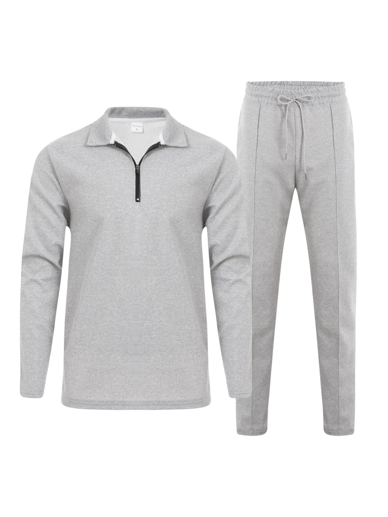 Men's Solid Half Zipper Collared Polo Shirt & Drawstring Pants Set, Casual Textured Long Sleeve Top & Trousers for Spring & Fall, Men's Two-Piece Outfits
