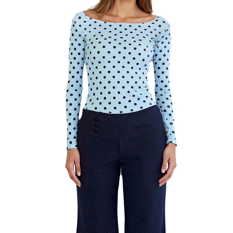 Women's Dot Print Crop Top | Fall Long Sleeve Crewneck Pullover, Casual Going Out Shirt