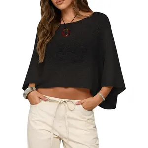 Womens Crochet Cover Ups Batwing Sleeve Sweater Crop Tops Lightweight Summer Boho Knit Sheer Poncho Top