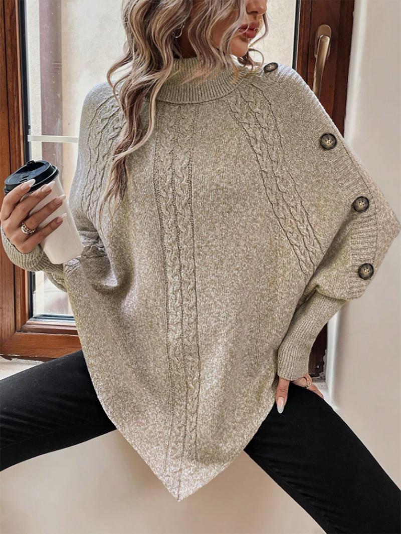 Women's Plain Fake Buttons Batwing Sleeve Sweater, Casual Long Sleeve High Neck Jumper for Fall & Winter, Fashion Ladies' Knitwear for Daily Wear