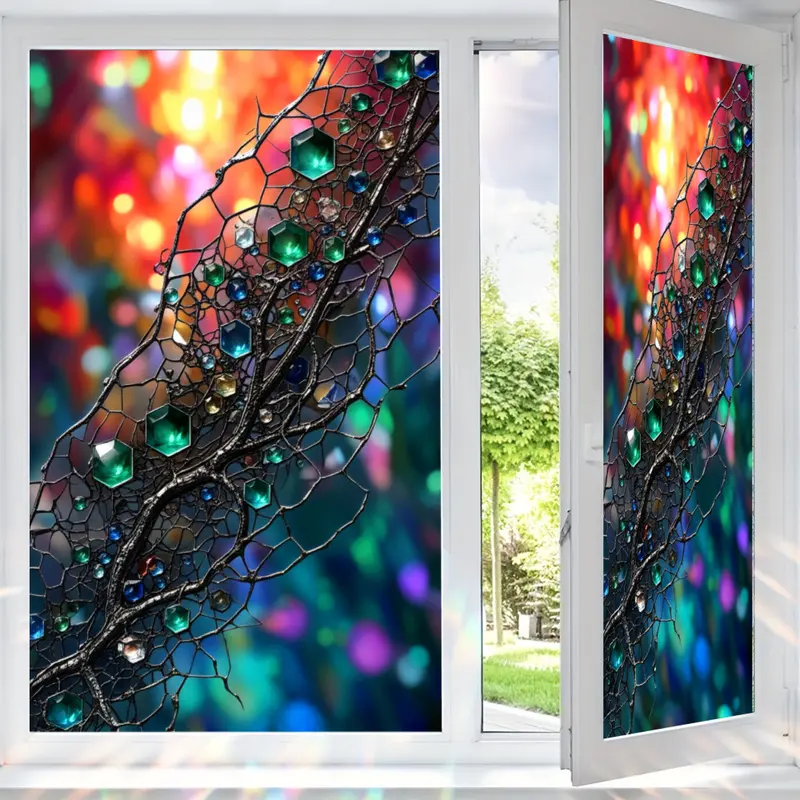 2D Flat Static Cling Colorful Gemstone Branch Pattern Window Film Ornament For Living Room And Bedroom Removable