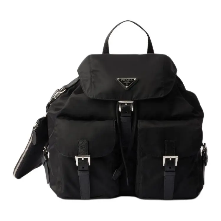 Prada Regenerated Nylon and Saffiano Leather Flap-Top Backpack with Metal Triangle Logo – Women’s Stylish Black Bag