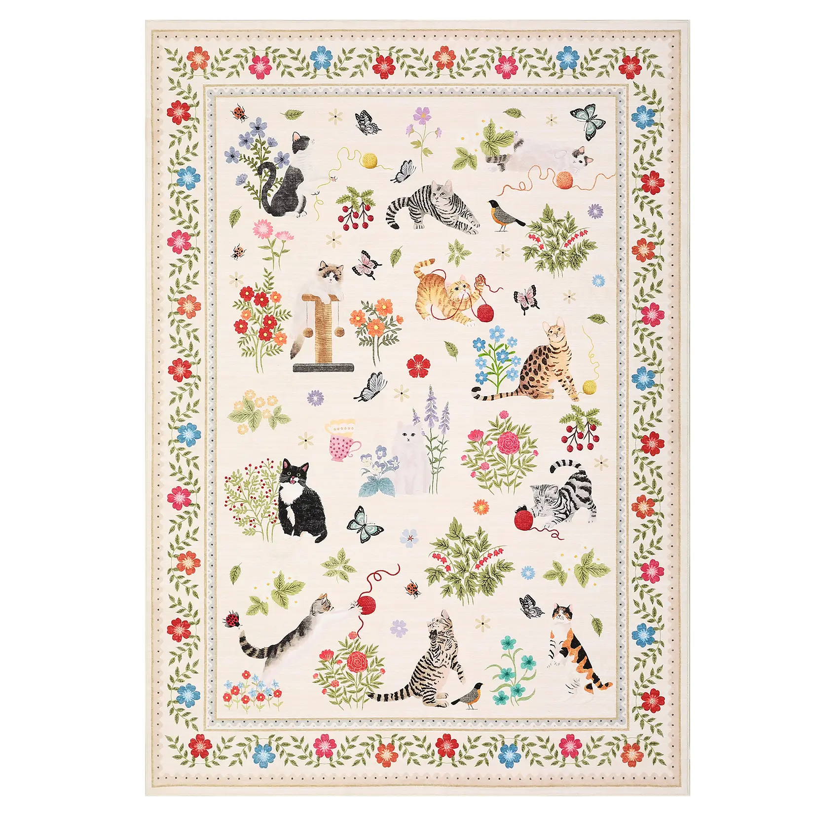 Washable Area Rug - Non-Slip, Low Pile Carpet with Vintage Floral & Cat Print, Mark Resistant, Soft, Pet Friendly, Modern Carpet for Living Room, Bedroom