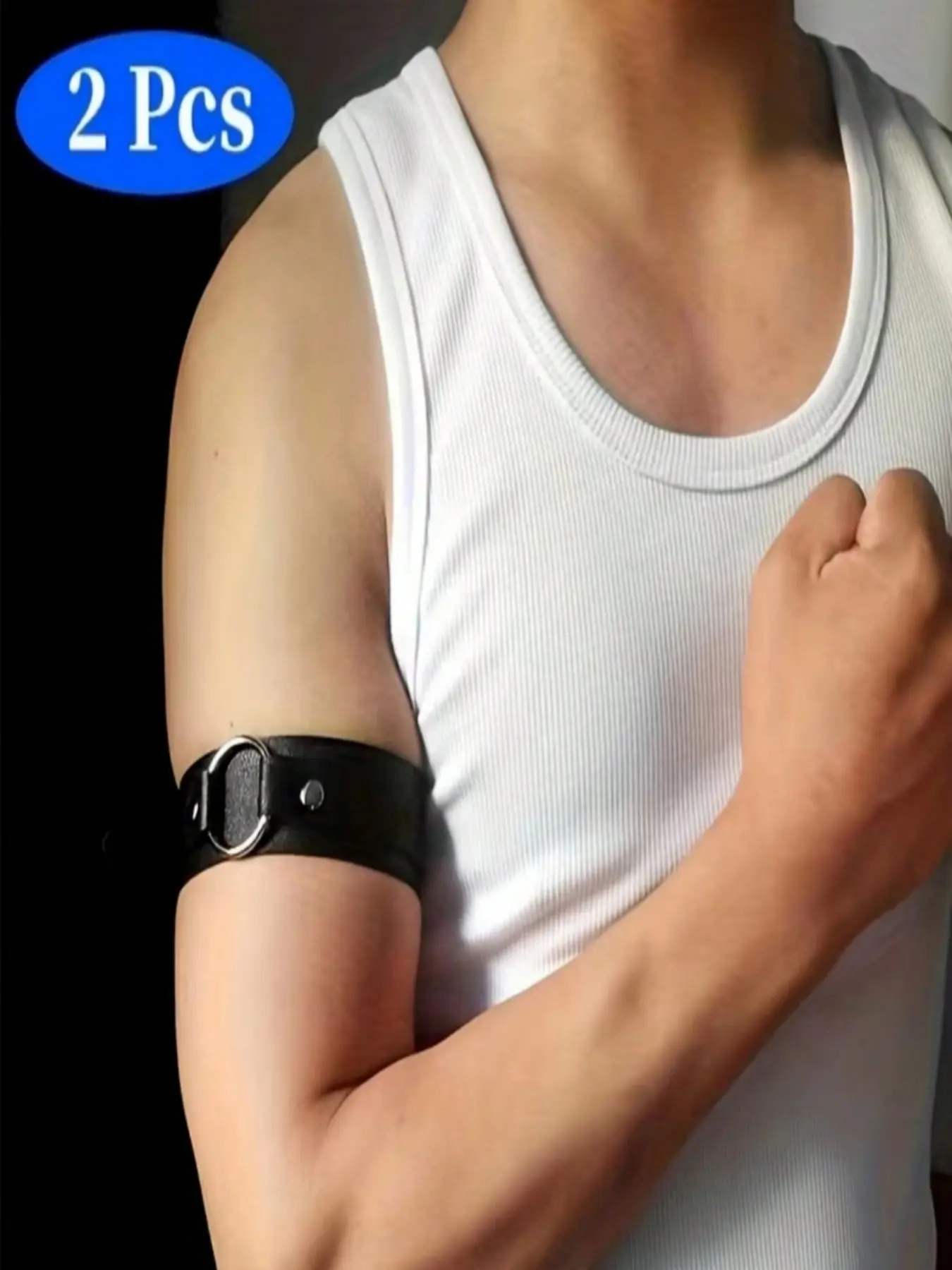 2Pcs Black PU Leather Arm Band Cuffs with Large Metal O Ring, Adjustable Rivet Wrist Arm Strap for Men Women, Punk Rock Gothic Y2K Armband Accessories, Ideal for Stage Performance, Rave Party, Cosplay, Metal Concert and Alternative Street Outfits