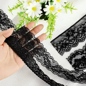 Syhood 4 Rolls 24 Yards Black Lace Ribbon Trim Valentine Elastic Stretchy Crafts Sewing Lace Fabric Vintage Wide Tulle Trim, DIY Wedding Dress Decorations Bouquet and Gift Packaging Bow Making
