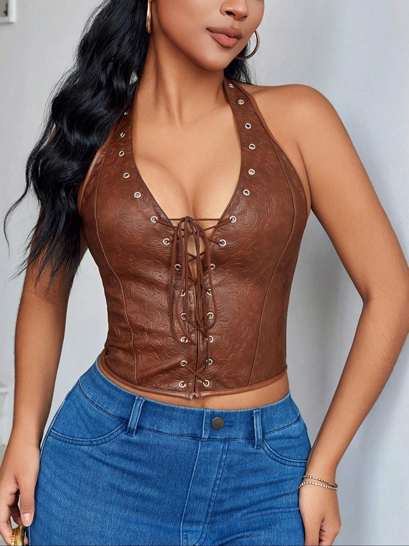 26 Valentine's Day Women's Solid Halter Sleeveless Top, Fashion Casual Top for Daily Wear, Women's Clothing for All Seasons, Plunge Neck Top