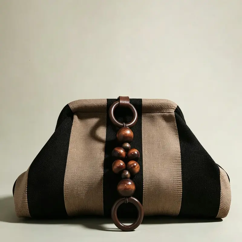 Retro Minimalist Style Striped Bag, Elegant Pillow Bag, Fashionable and Unique Design, Versatile Clutch Bag, Wooden Bead Charm Design, Suitable for Commuting, Shopping and Gatherings, Vintage Purse