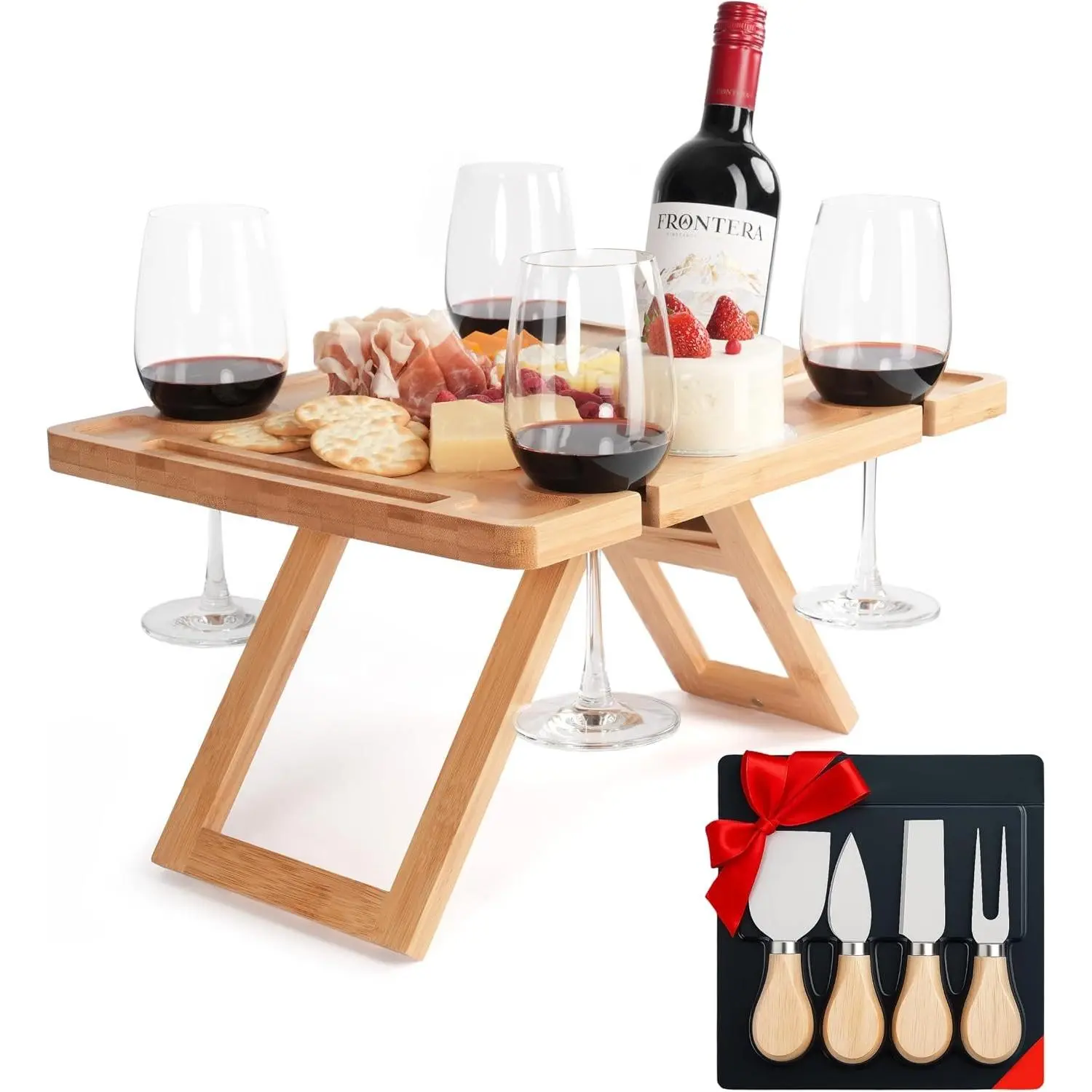 Charcuterie Picnic Table with  Glass Holder, Portable  & Cheese Board, 4- Cheese  Set () w/Detachable  Stand,  Charcuterie Table, Hosting &  Lover