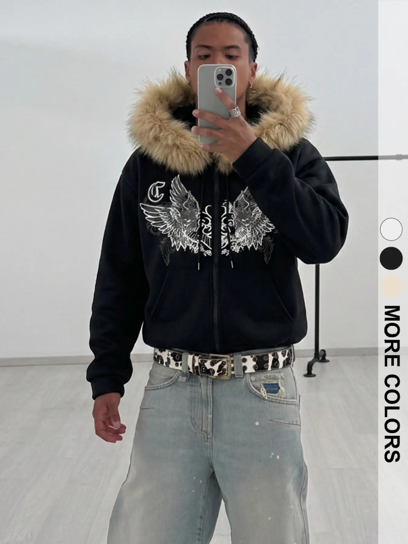 Gothic Style Long Sleeve Sweatshirt, Casual Streetwear Sweatshirt, Loose-Fit Unisex Fall Winter Hoodie, Detachable Fur Collar, Letter Pattern Print