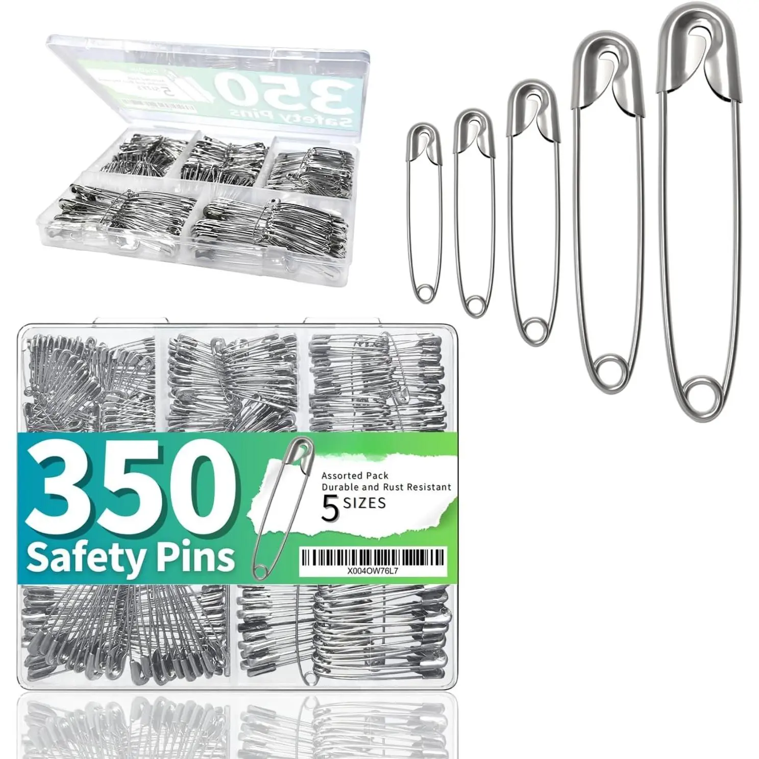 350 Pack Safety Pins for Clothes 5  Sizes of  Heavy Duty Safety Pin Bulk for Clothing