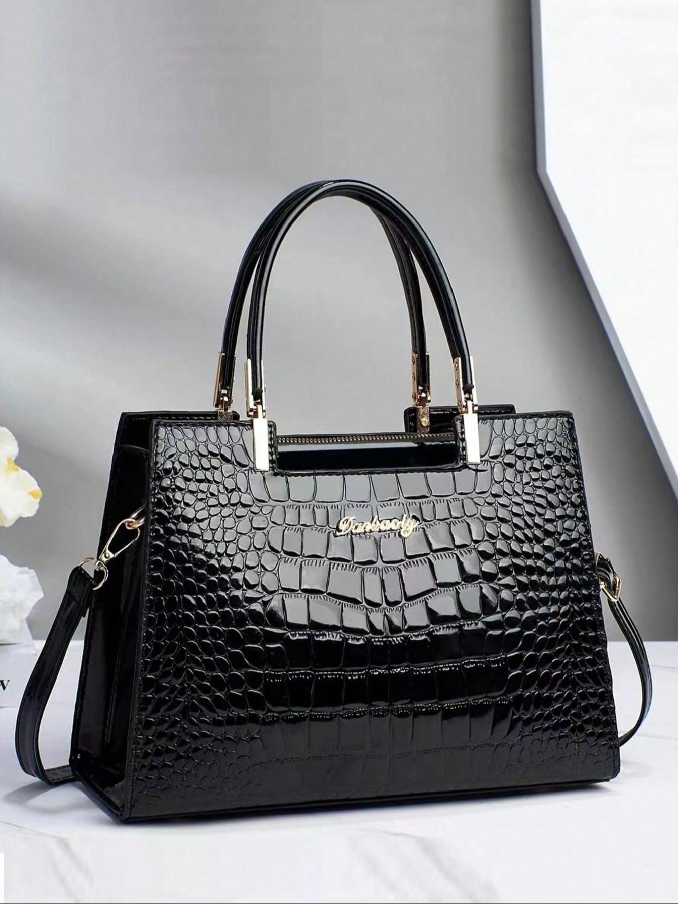 Women's PU Crocodile Embossed Square Handbag As Gift, Fashion Letter Label Classic Tote Bag for Work & Office, Elegant Matching Crossbody Bag As Gift for Wife