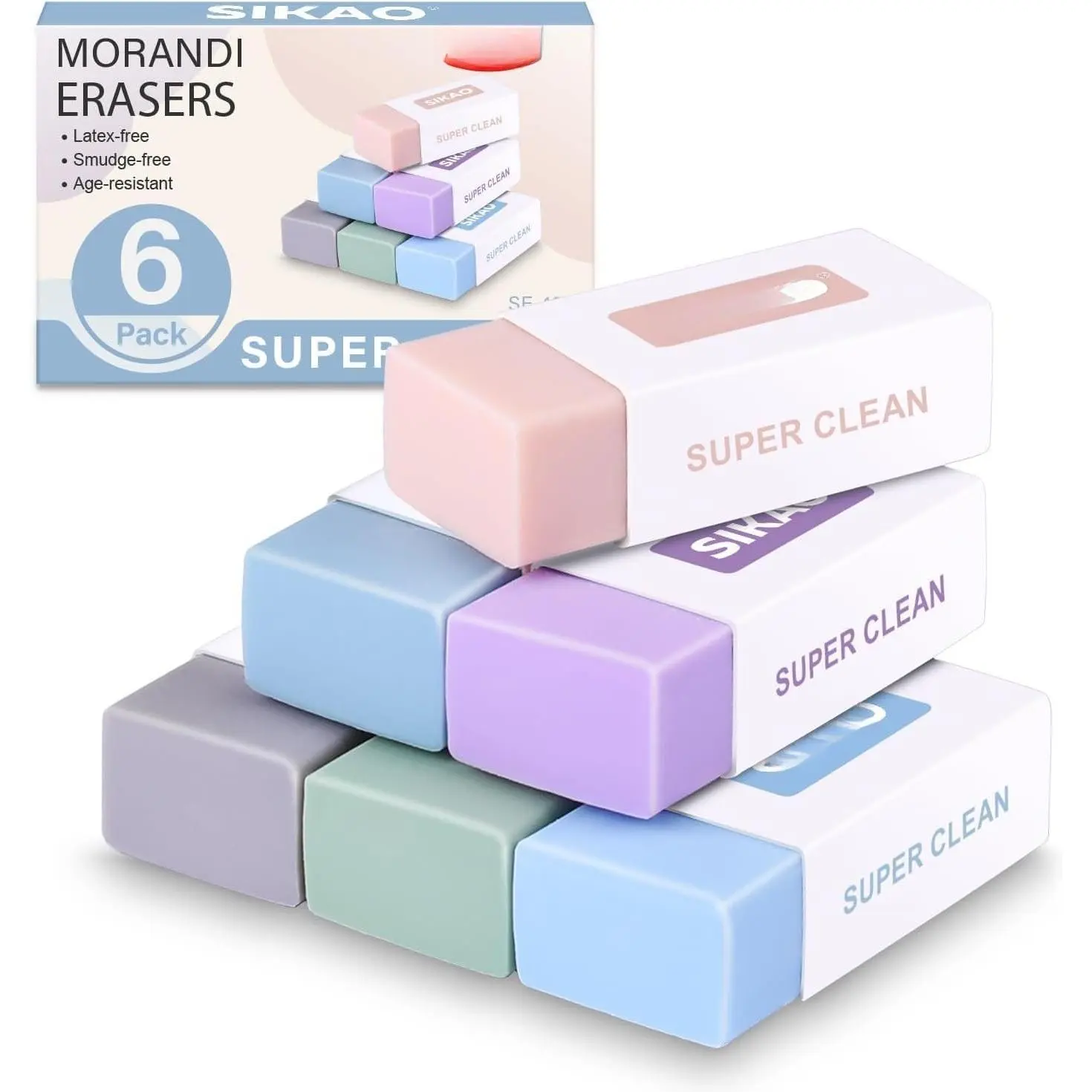 Morandi Erasers, 6 Pack Aesthetic Block Pencil Erasers | Soft Neutral Colors, Smudge-Free Latex-Free Erasers for School, Office, Journaling & Drawing