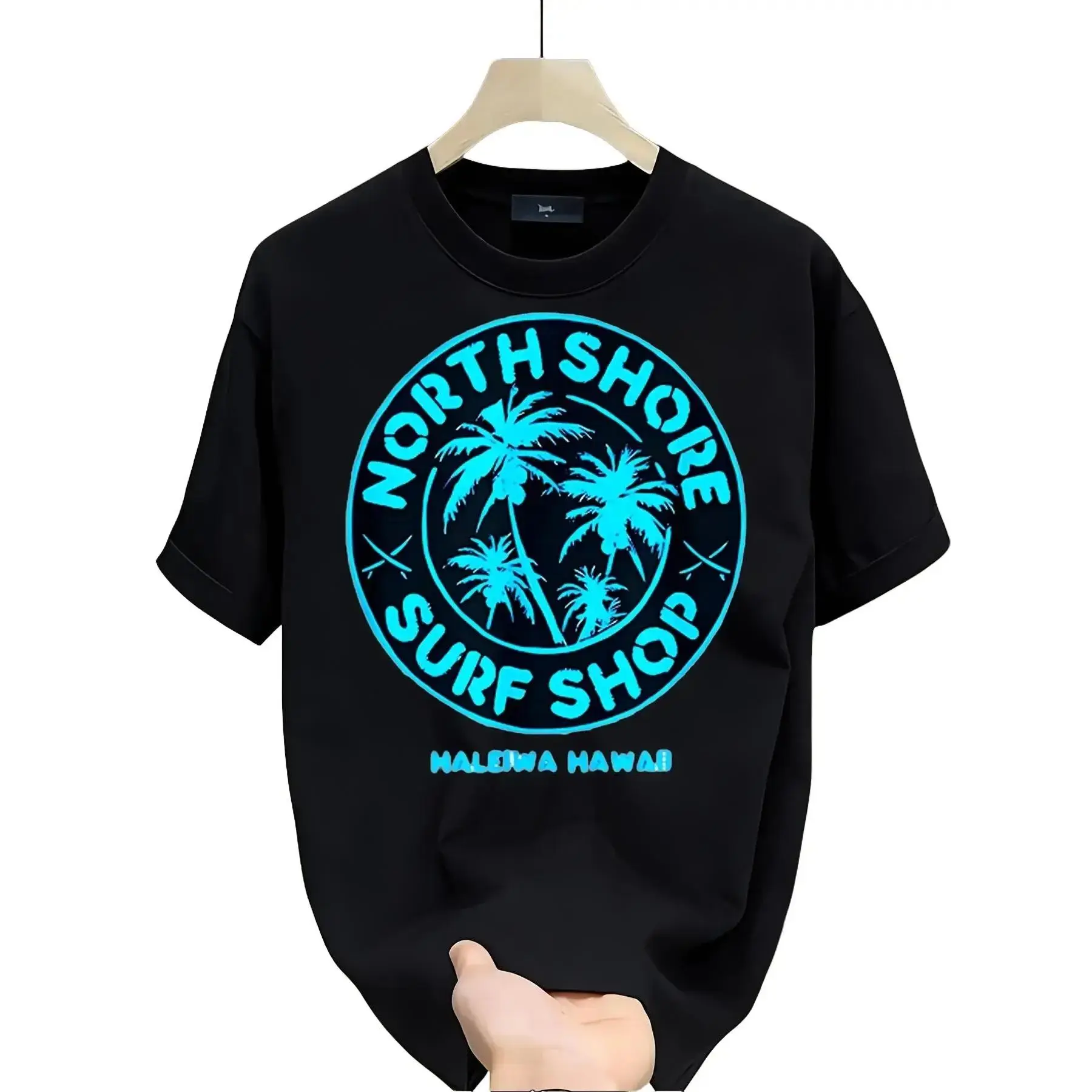 North Shore Surf Shop Haleiwa Hawaii Vintage Distressed Cyan Circle Badge Coconut Tree Cross Surfboard Tropical Surfer Graphic T-Shirt, Men Women Unisex Soft Crew Neck Beach Vacation Cotton Tee