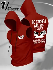 American Street Style Fun Salt Sugar Slogan Print Sleeveless Hooded Tank Top, Summer Elastic Breathable Sleeveless Shirt, Men's Fitness Sport Trendy Vest