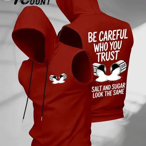 American Street Style Fun Salt Sugar Slogan Print Sleeveless Hooded Tank Top, Summer Elastic Breathable Sportswear Top Sleeveless Shirt, Men's Fitness Sport Trendy Vest, Fitness Athletic Streetwear, Workout Clothes