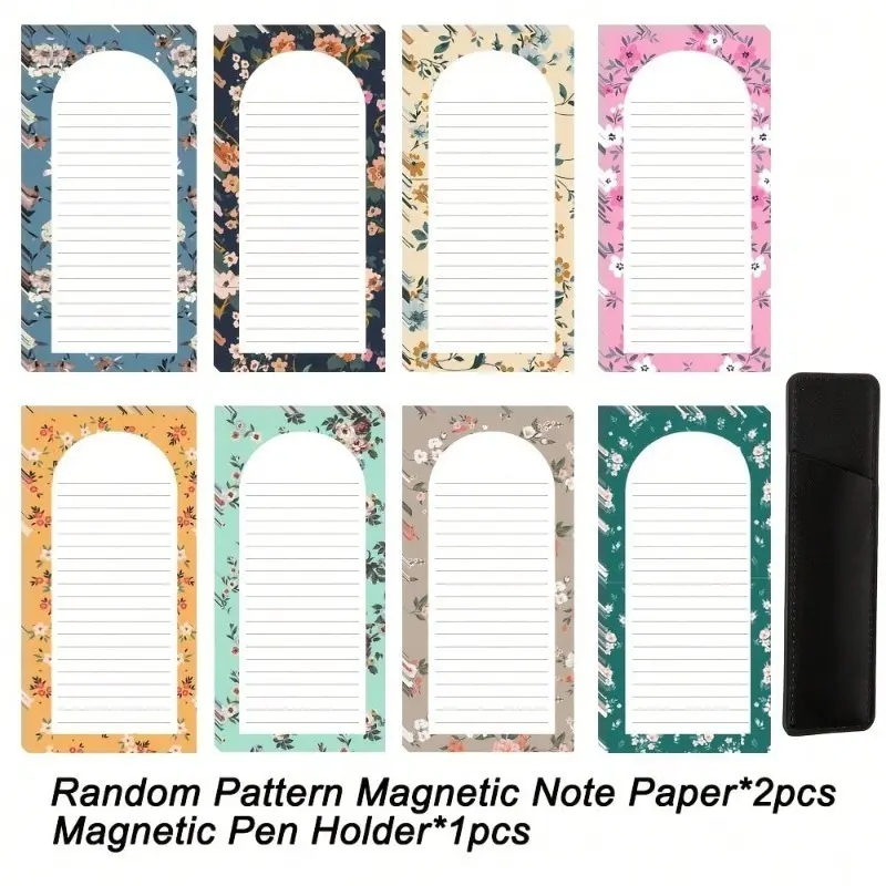 1 set. 2 randomly patterned magnetic sticky notes and 1 magnetic pen holder. Tearable Cute Fruit/Flower Memo Plan Board Soft Magnetic Notebook.