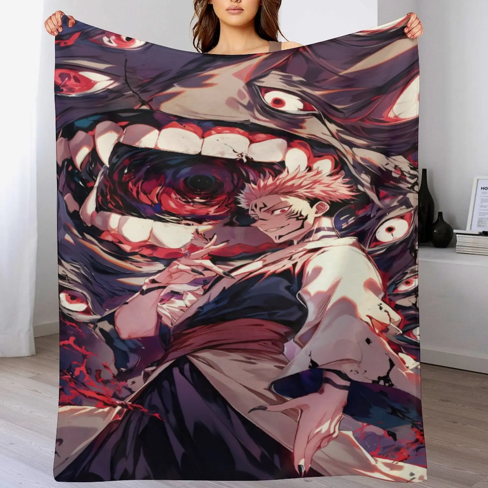 Jujutsu Kaisen Ryomen Sukuna Throw Blanket Anime Flannel Blanket Soft Cozy Blanket for Bedroom Couch Sofa All Season Decorative Blanket for Fans
