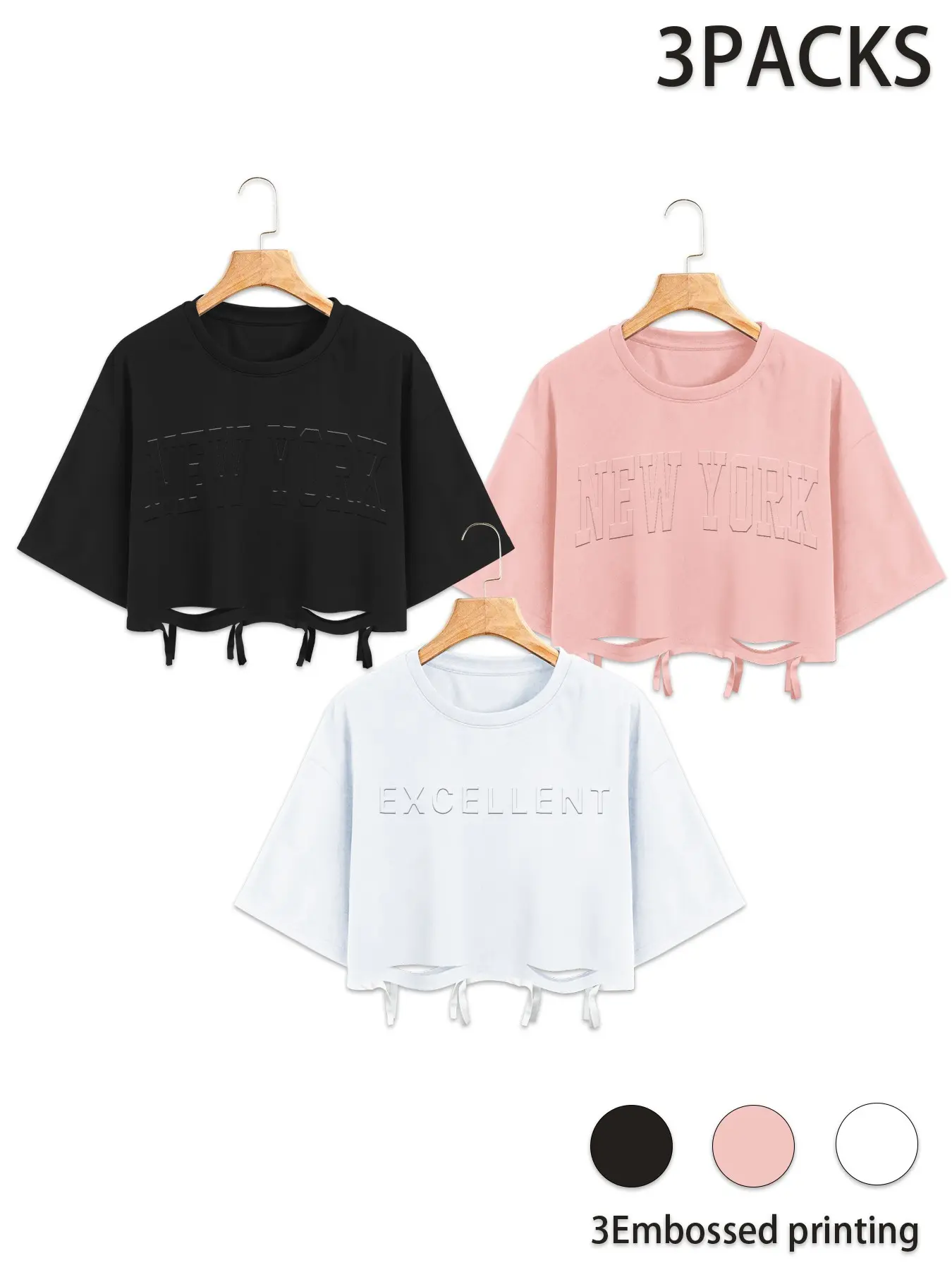 3 Packs Women Embossed Letter Graphic Crop Tops, Loose Fit Drop Shoulder Tees, Casual Streetwear, All Seasons, Y2K Style
