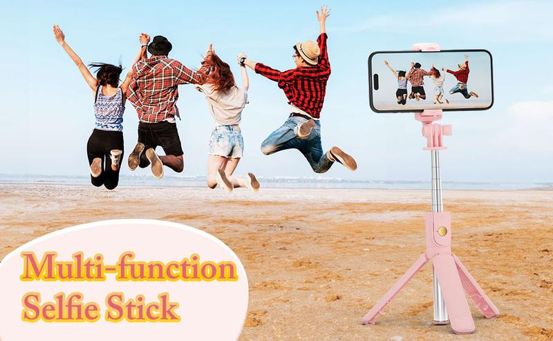 Pink Selfie Stick Tripod, with Wireless Remote Control, Live Streaming Video Recording, Compatible with Android, iPhone More