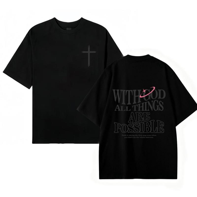 Men's T-shirt 'With God All Things Are Possible' Matthew 26:41 Loose Fit Black with White Lettering Casual Attire High-Quality Fabric for Summer,excellent gifts for Christmas and new year