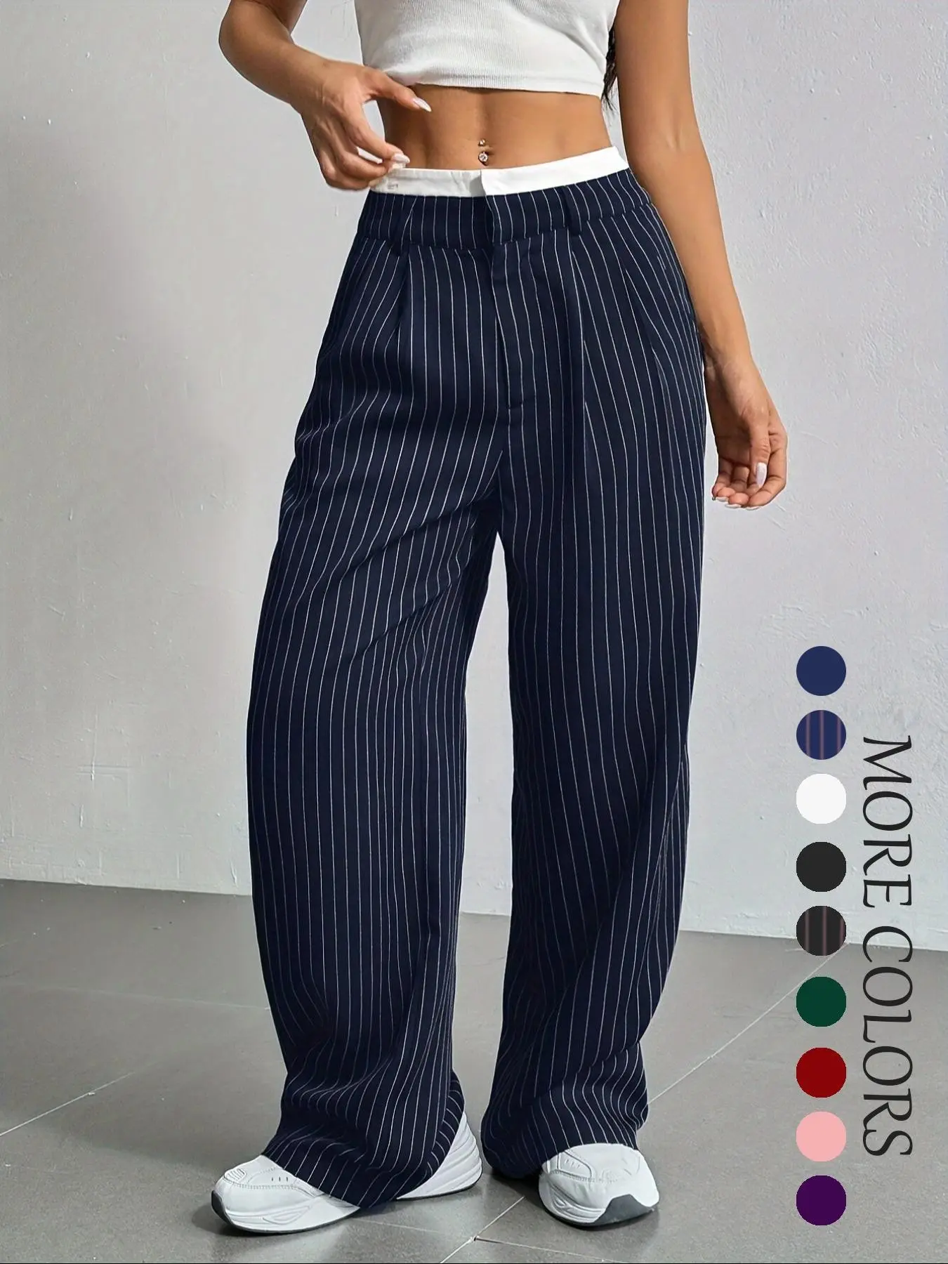 Women's All Over Striped Print Pocket Wide Leg High Waist Pants, Casual Fashion Comfy Trousers for Spring & Fall, Women's Bottoms for Daily Wear