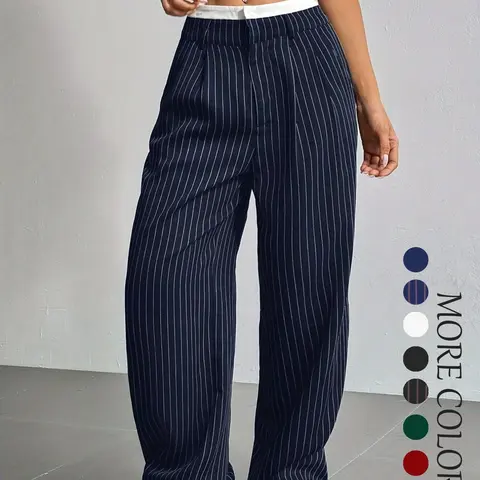 Women's All Over Striped Print Pocket Wide Leg High Waist Pants, Casual Fashion Comfy Trousers for Spring & Fall, Women's Bottoms for Daily Wear