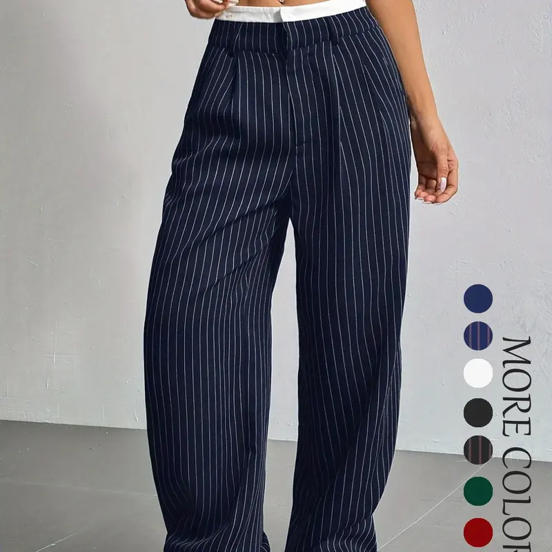 Women's All Over Striped Print Pocket Wide Leg High Waist Pants, Casual Fashion Comfy Trousers for Spring & Fall, Women's Bottoms for Daily Wear