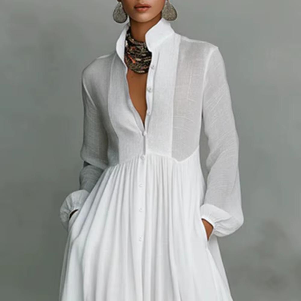 Elegant Boho Maxi Shirt Dress for Women Long Sleeve Button Down Flowing Pleated High Waist Loose Fit Resort Vacation Dress Spring Summer 2026 Trend Breathable Fabric - Beach, Casual Lightweight