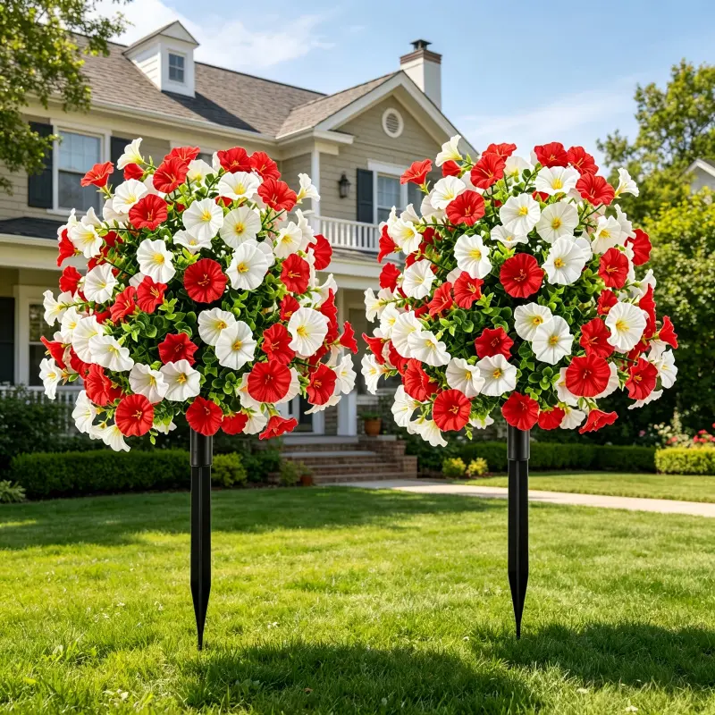 Outdoor UV Resistant Mixed Red White Morning Glory Flower Tree with Stakes, Realistic Stone Texture Artificial Flower Arrangement for Garden Patio Party Decoration, No Maintenance Needed, Artificial Mixed Flowers, Decorative Flowers