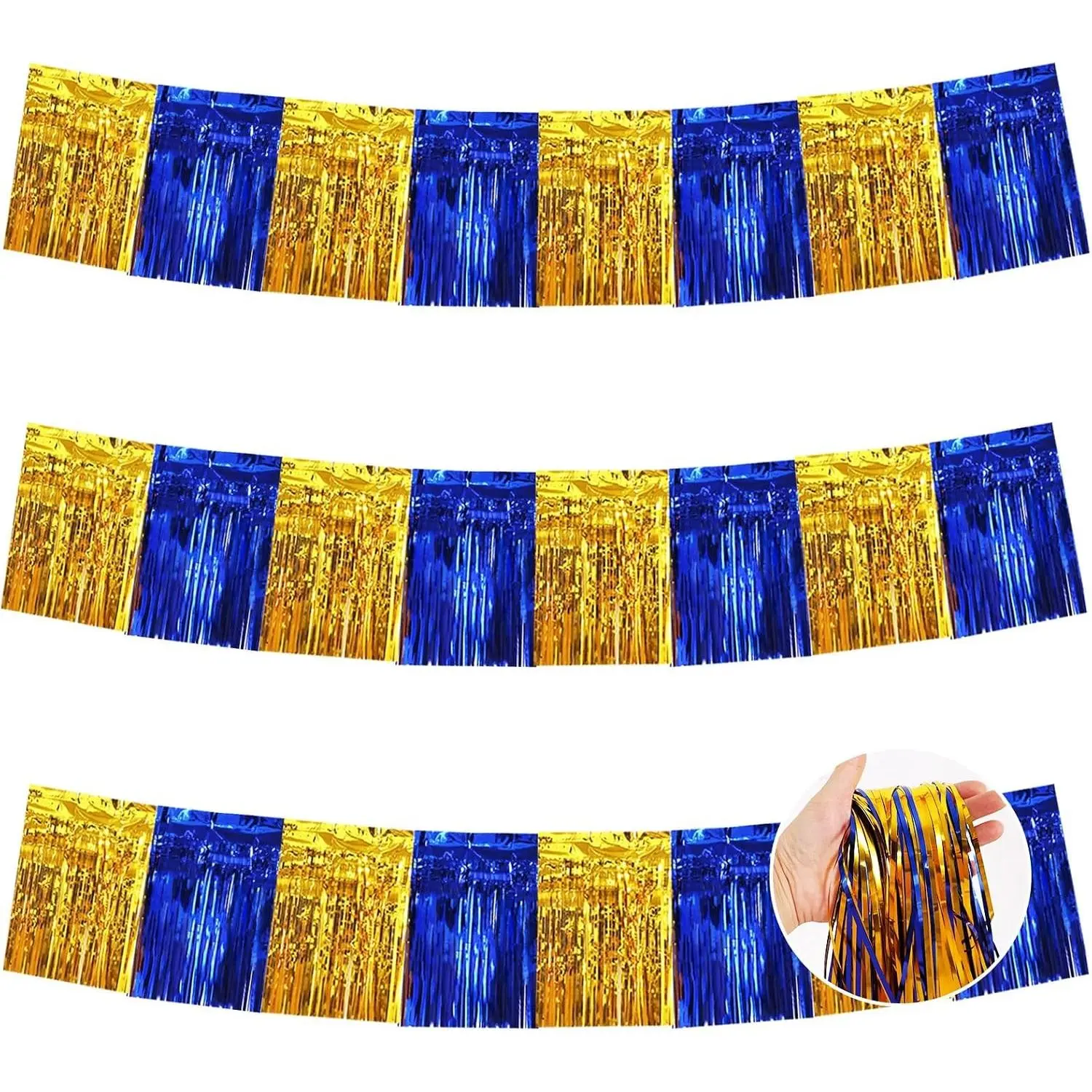 3 Packs Metallic Foil Fringe Garland Blue Gold Wall Hanging Tinsel Fringe Banners for Car Floats Bridal Shower Wedding Birthday Easter Graduation Holiday Party Decoration(30 Feet)