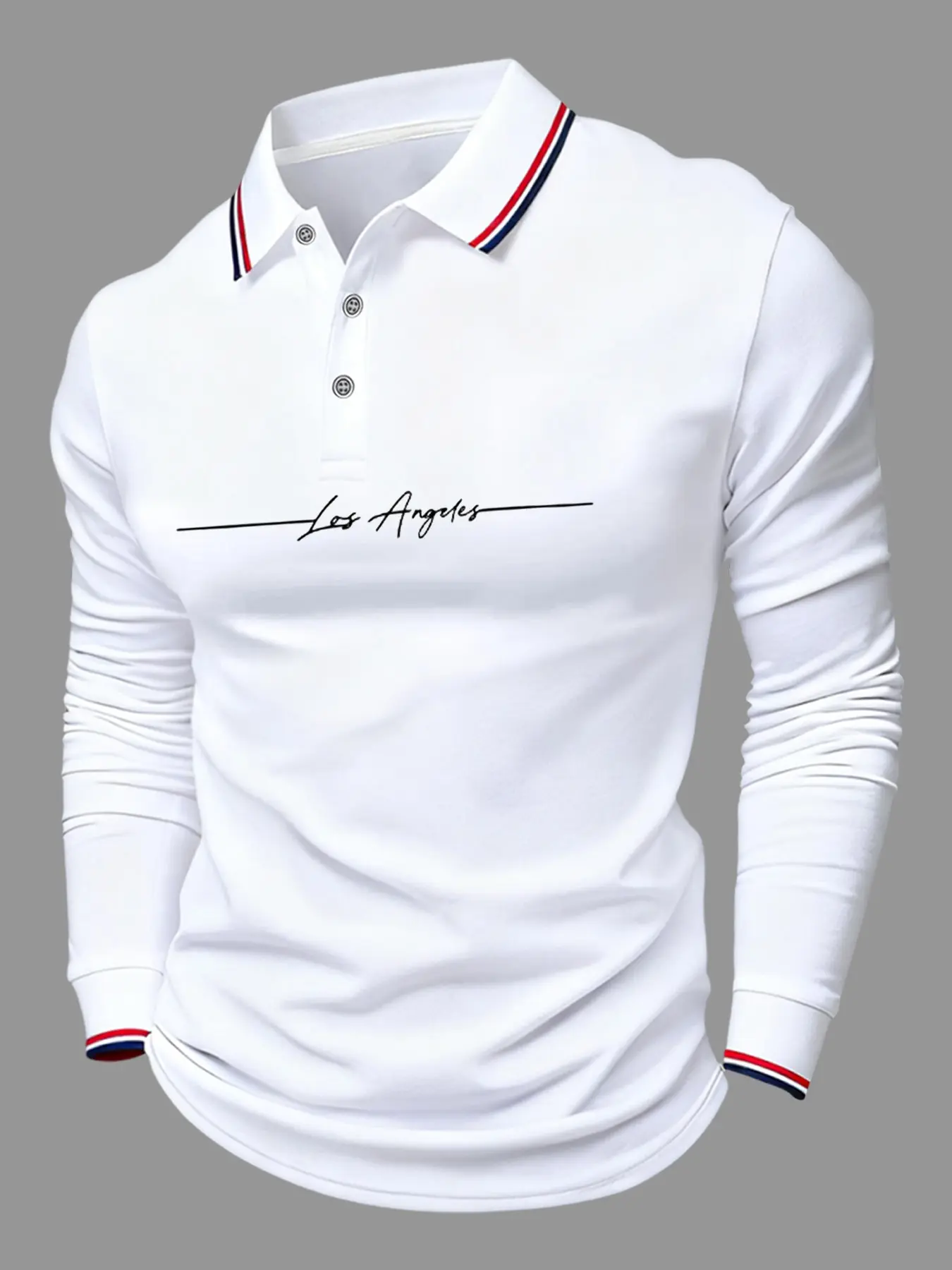 Men's Letter Los Angeles Print Long Sleeve Polo Shirt, Loose Fit, Breathable Fabric, Casual Style, Spring & Fall Wear, Collared Polo Shirts