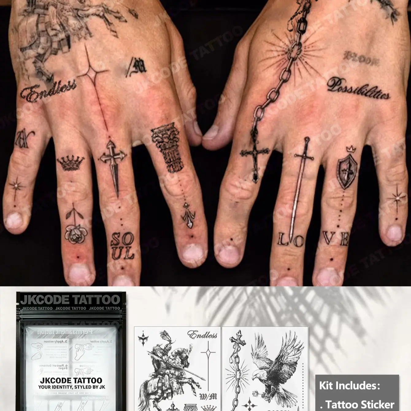 2pcs Waterproof Semi-Permanent Tattoos, Old School Classic Vintage Temporary Tattoos, Tattoo Art, Knight Rose Sword Eagle Cross Designs, Men's Fashion, Temporary Fake Tattoos
