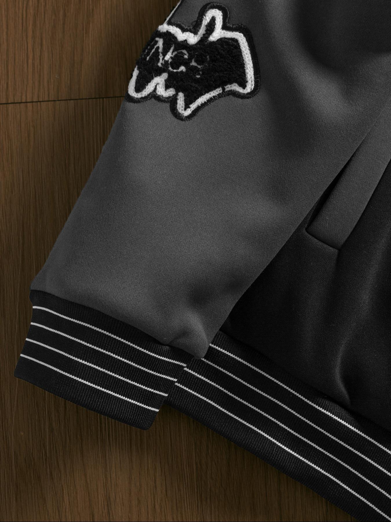 Unisex Men's Letter & Bat Patched Varsity Jacket, Regular Fit Casual Street Long Sleeve Button Front Outerwear for Fall & Winter, Men's Clothes for Daily Wear