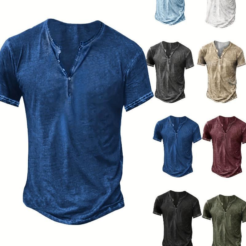 Men's Distressed Henley Shirt - Slim Fit Short Sleeve Button-Up Cotton T-Shirt with V-Neck & Placket Detailing, Machine Washable Casual Shirt in Olive Green, Black, Blue, Burgundy, Sporty Apparel| Athletic Style| Comfortable Tee