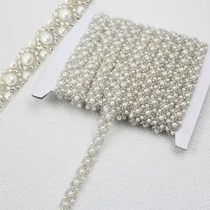 2 Yards White Pearl Beaded Trim Lace Border Edge Ribbon Strips for Sewing Wedding Dress Applique Bridal Straps Embellishments Decoration