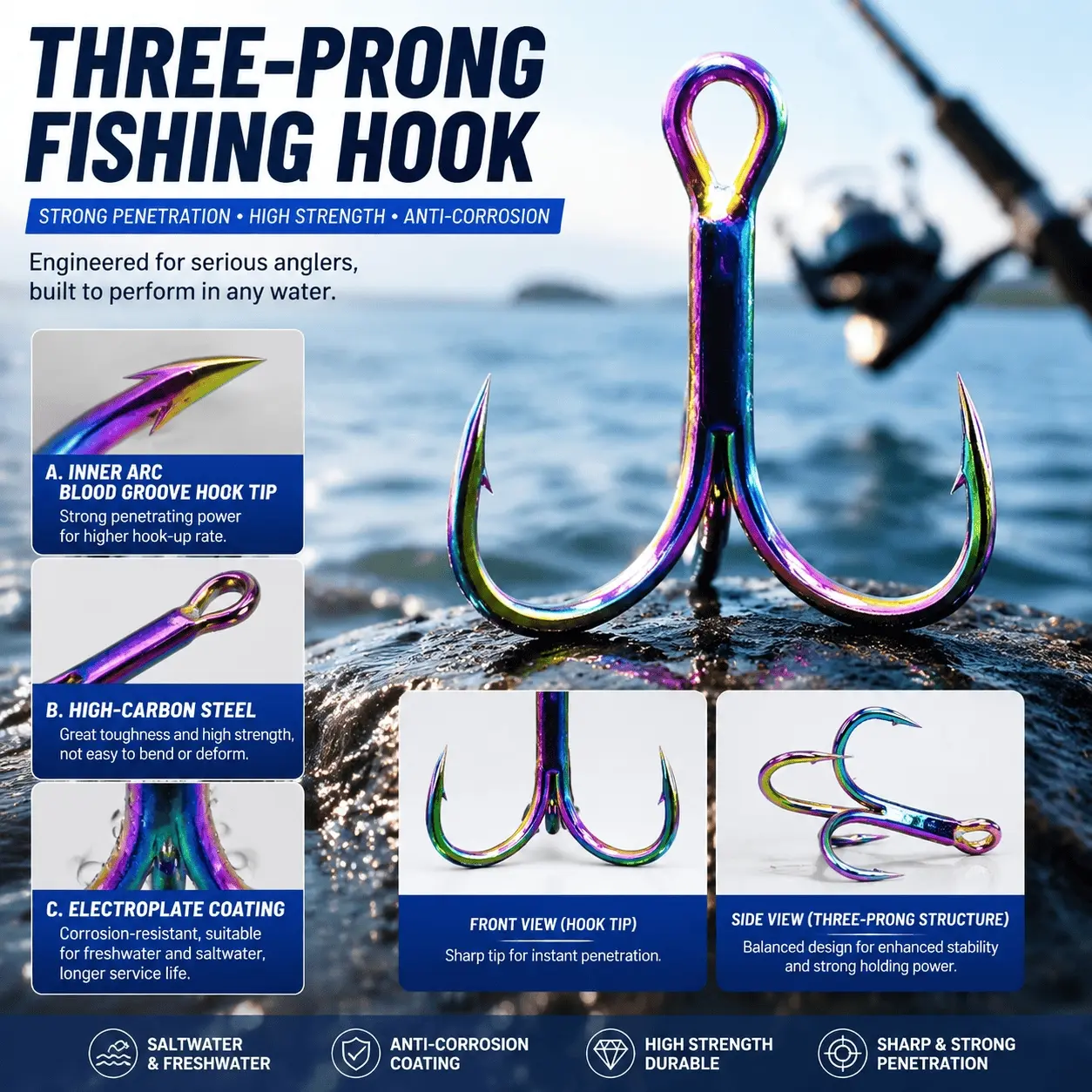 Rainbow Corrosion-Resistant Stainless Steel Treble Hooks, 3 Barb Anti-Slip Design, 10pcs Fishing Tackle for Freshwater Saltwater, Sharp Anchor Point for Bass Trout, Sizes 4 6 8 10