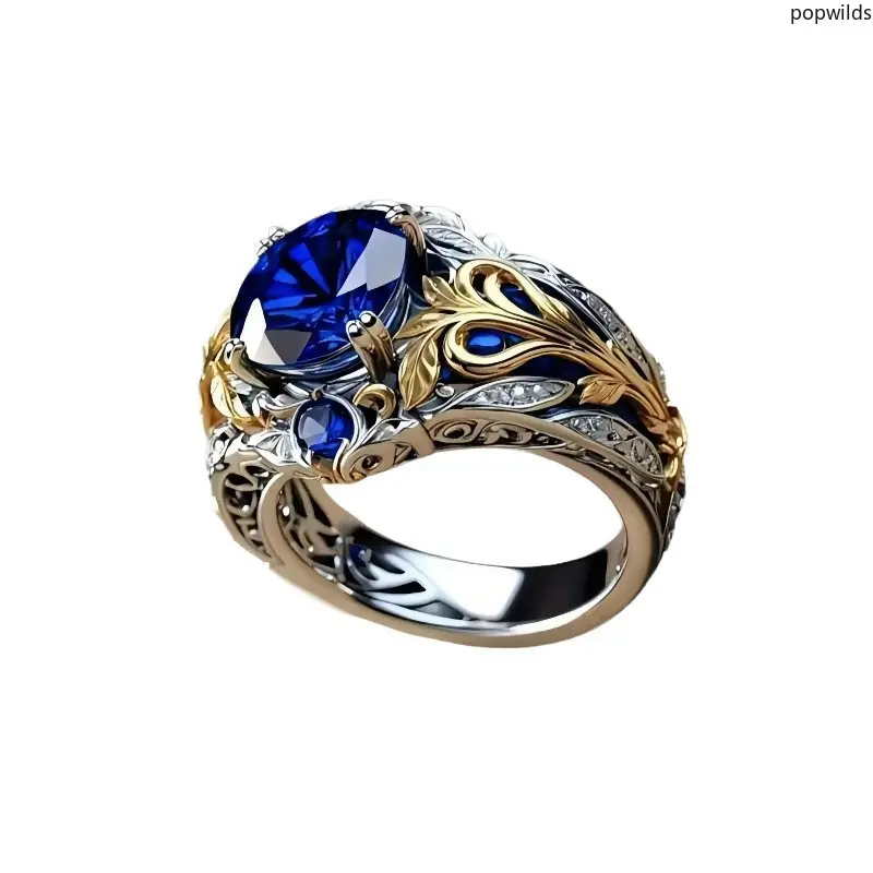 Vintage Inlaid Sapphire Zinc Alloy Ring For Women, Minimalist Unique Electroplated Finger Band, Light Luxury Trendy Daily Hand Jewelry Gift