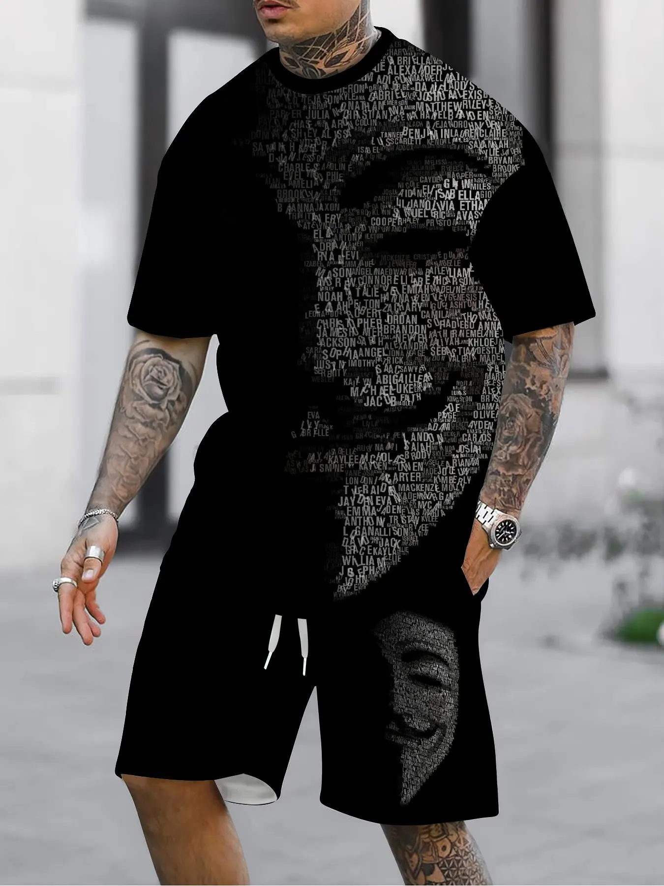 Men's Graphic Print Crewneck Short Sleeve Tee Set, Casual Sporty Style, Summer Trendy Two-Piece, Fitted H-Type Shorts, Natural Waist