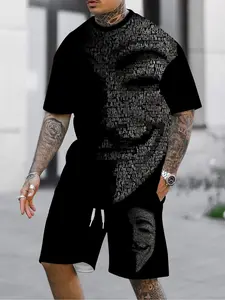 Men's Graphic Print Short Sleeve Tee Set, Casual Sporty Style, Summer Trendy Two-Piece, Fitted H-Type Shorts, Natural Waist