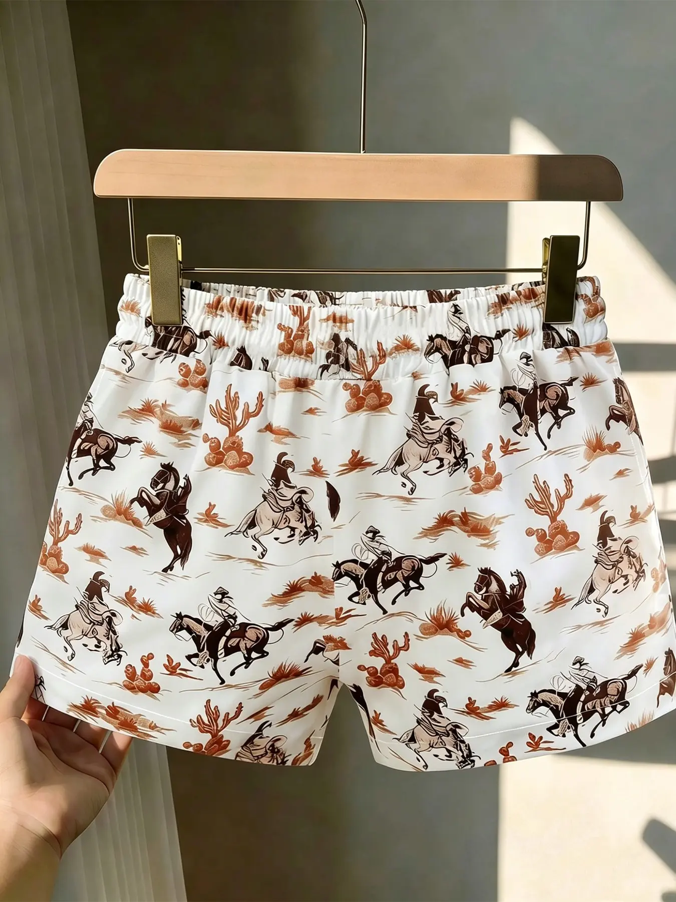 Women's Western Denim Print Shorts, Elastic Waist Casual Summer Beach Shorts, Suitable for Beach Vacations and Casual Everyday Wear.