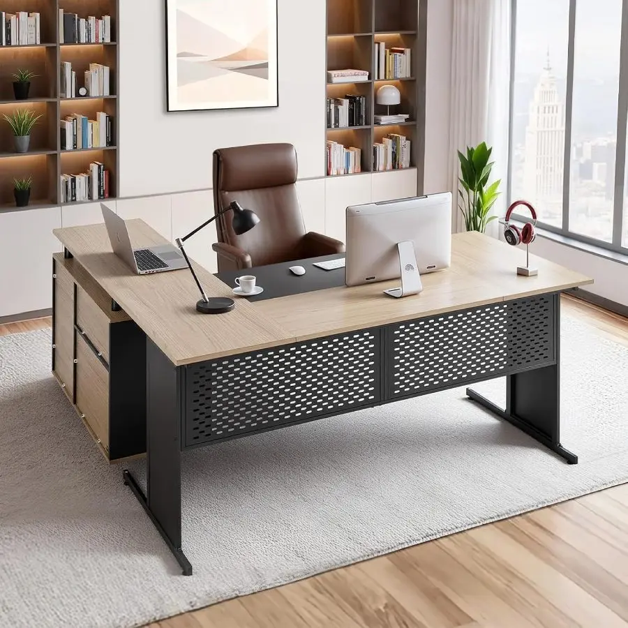 VEVOR 71 L - Shaped Executive Desk, Large Computer Desk with Drawers ...