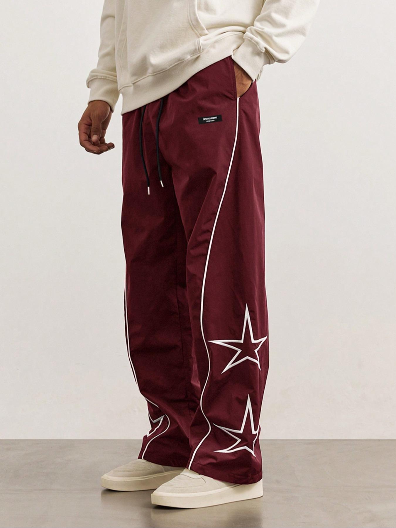 Men's Letter Patched Star Print Drawstring Waist Pants, Casual Fashion Loose, Casual Pocket Design Comfy Pocket Straight Leg Trousers for Daily Wear, Fashion Men's Bottoms for All Seasons Men's Letter Patched Star Print Drawstring Waist Pants, Casual Fashion Loose, Casual Pocket Design Comfy Pocket Straight Leg Trousers for Daily Wear, Fashion Men's Bottoms for All Seasons