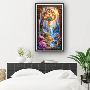 One piece 2D flat unframed hand DIY diamond painting kit with dreamy magic key, flower and waterfall style, ideal for home decoration, living room wall art or as a gift, featuring round diamonds for easy reading and perfect effect.
