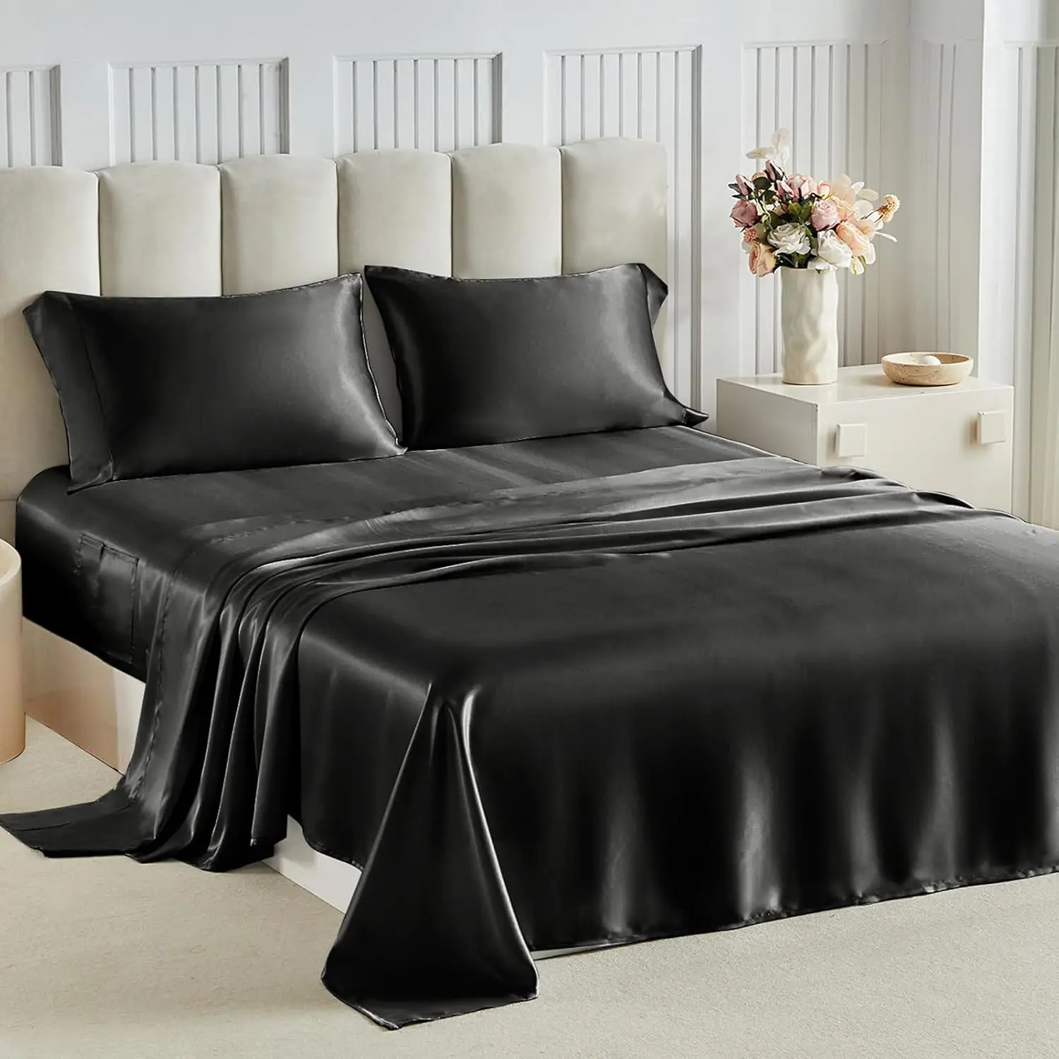 Sheets Full Size 4 PC - 16" Deep Soft Bed Sheets, Wrinkle-Free Black Silk Sheet, Hair & Skin Saver Bed Sheets Set with 1 Fitted Sheet, 1 Flat Sheet, 2 Pillow
