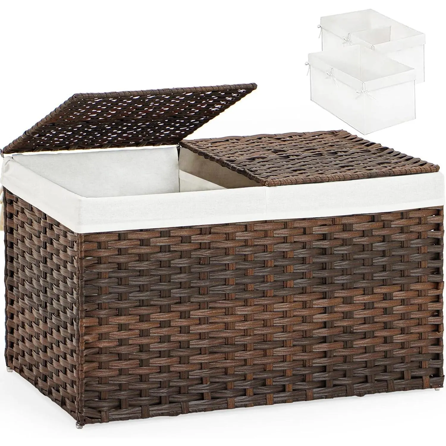 Rattan Woven Storage Basket with 2 Separate Lids, 17.2 Gallon (65 L), 22 x 13 x 13.8 Inches, Foldable, 2 Removable Liner Bags with Handles, for Bedroom, Laundry Room, Brown(Gift)