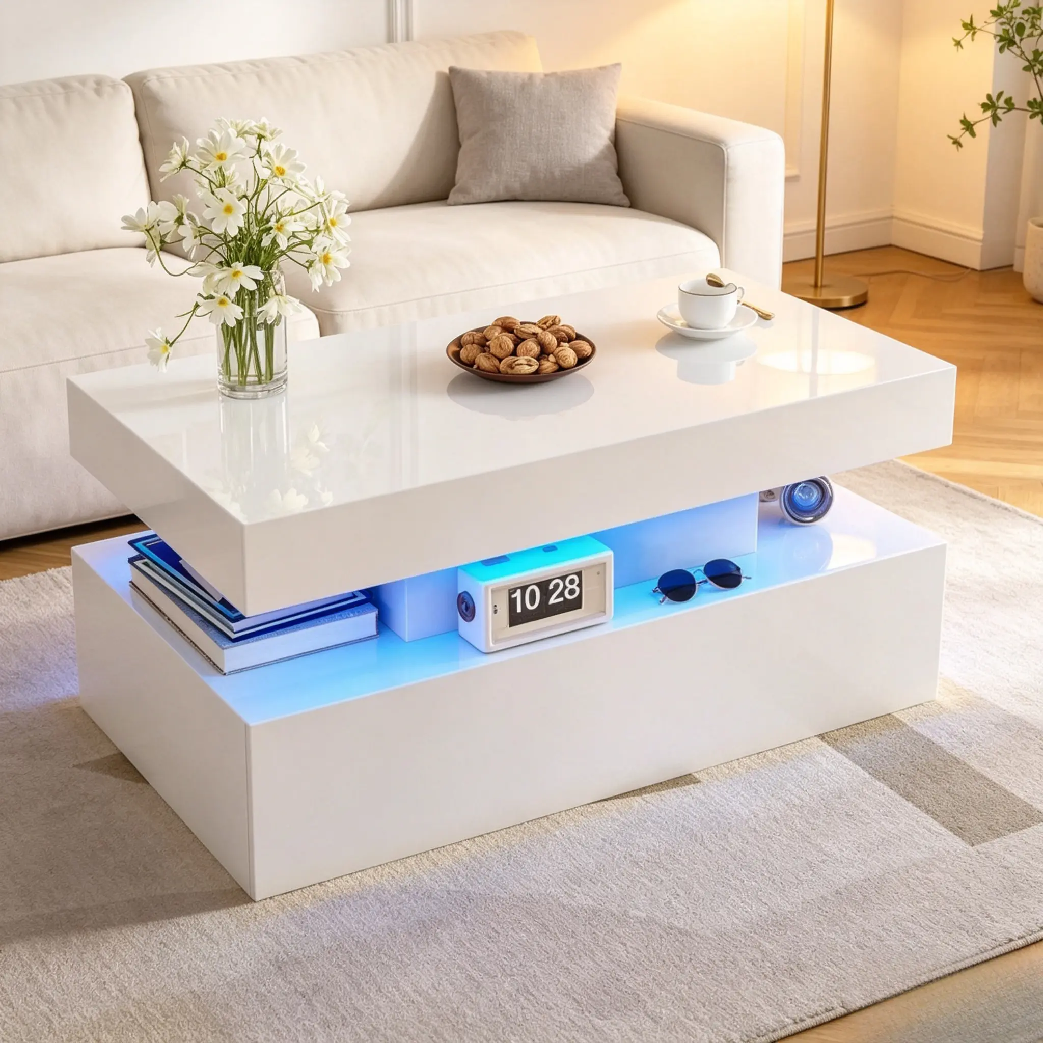 Coffee Table with LED Lights, Modern High-Gloss Finish Double-Layer Storage Center Table for Living Room, Minimalist Living Room Coffee Table