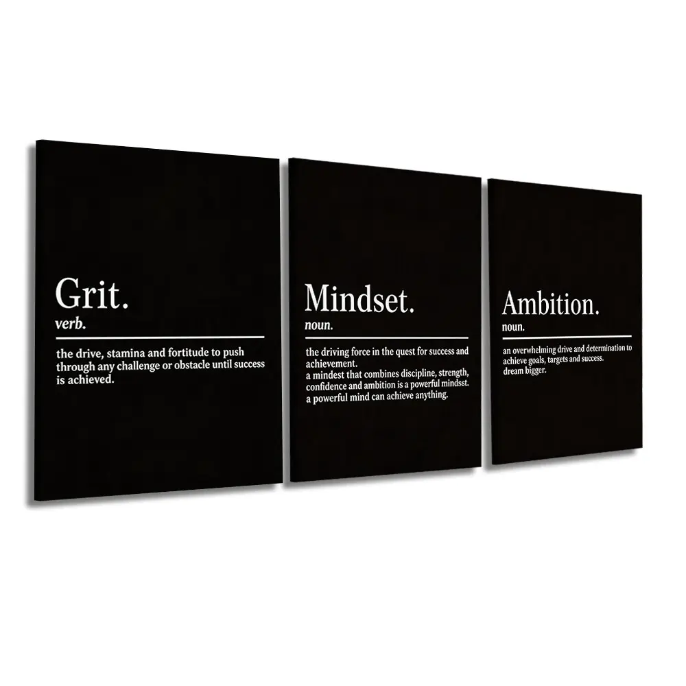 3 Pcs/Set Wooden-Framed Canvas Painting, Solid Black Background White Serif Motivational Definition Text Grit Mindset Ambition Three Panel Canvas Wall Art Living Room, Bedroom, Office Decoration, Modern Home Decor, Fashion Artistic Ornaments, Artwork