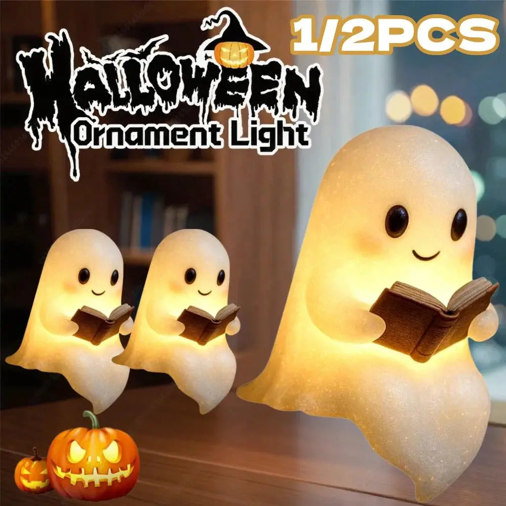 Cute Halloween Ghost Reading Night Light, Ghost Reading Book Lamp for Bedroom, Bookshelf & Desk, Spooky Resin Ghost Figurine Decor, LED Halloween Home Decoration, Book Lover Gift